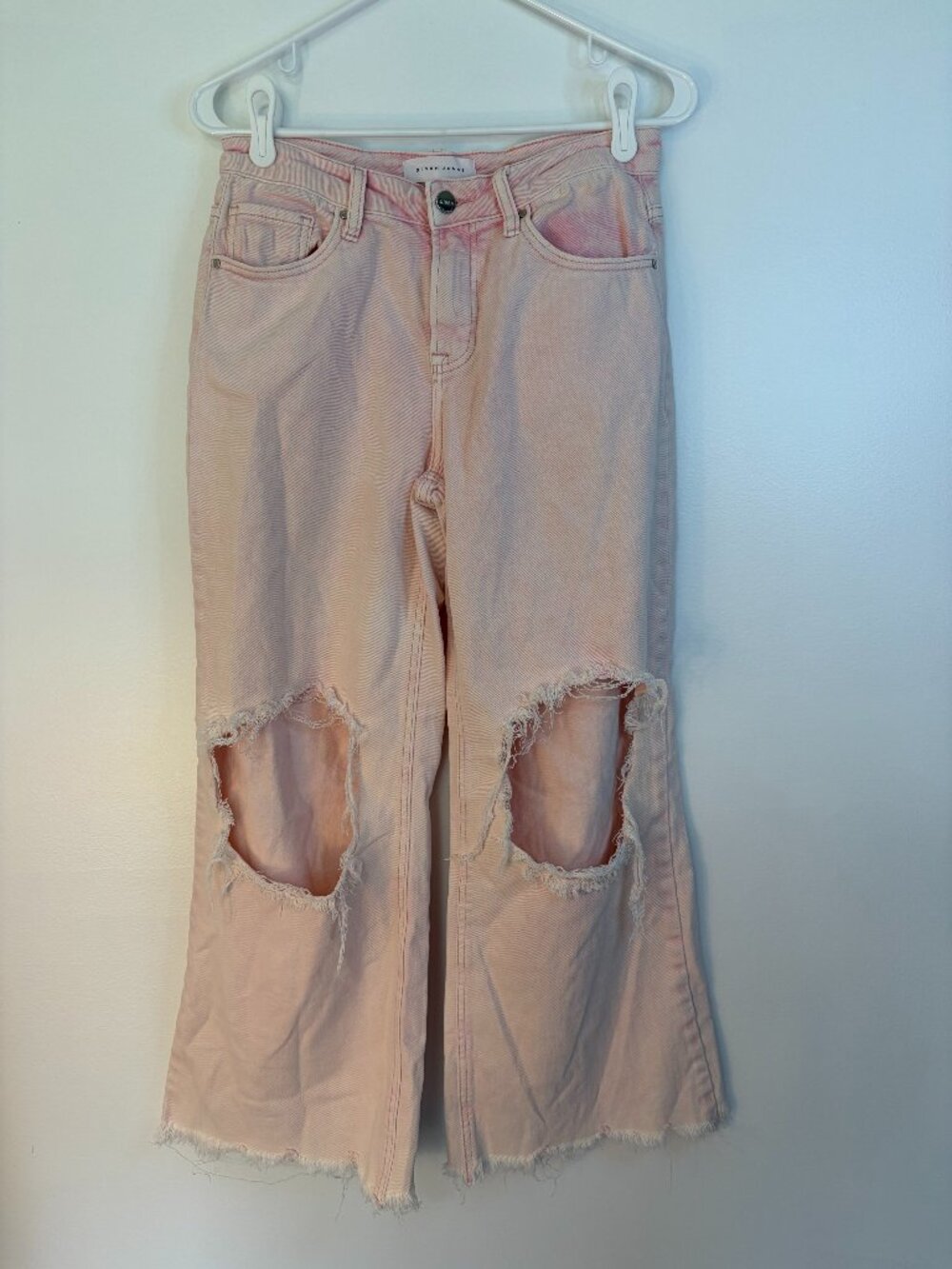 Risen Jeans Light Pink Cropped Cotton Mid Rise Distressed Jeans